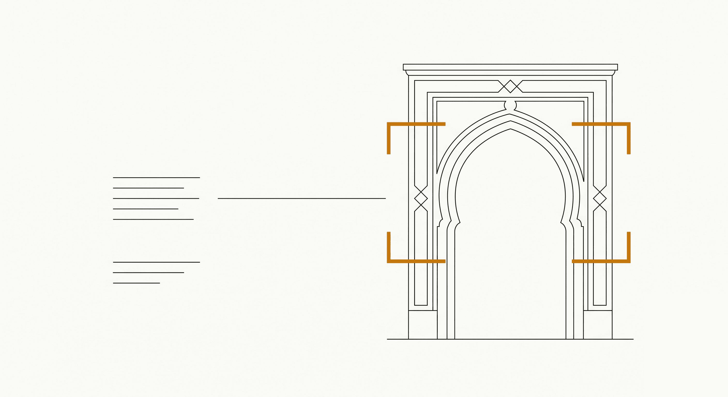 An architectural elevation of a monumental arched gateway, drawn in fine hairlines on cream. Amber corner brackets frame the arch like a camera viewfinder, and a short stack of ruled lines to the left — the checkpoint's fact pack — is joined to it by a single thin line.