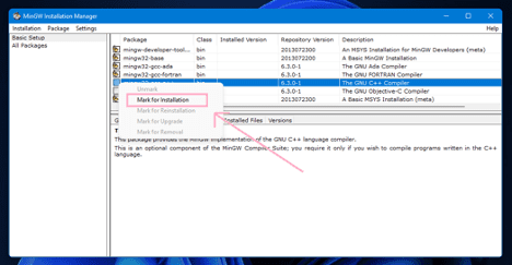 Marking C++ Compiler Packages in MinGW to install C++ Compiler in Windows OS