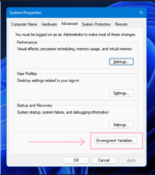 Opening Environment Variables to add the path of C++